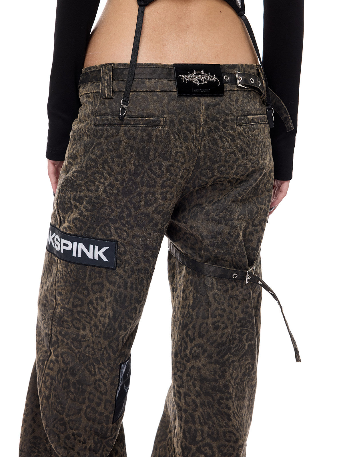 PINKSPINK LEOPARD RIOT detachable-pouch wide-leg pants — back pocket and patchwork close-up