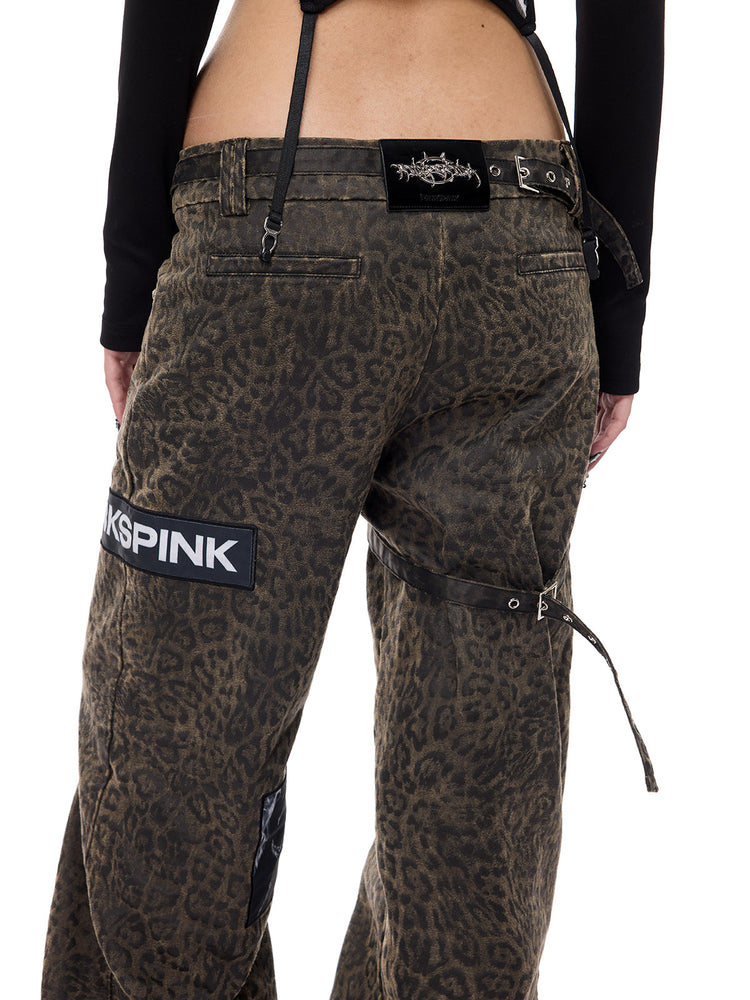 PINKSPINK LEOPARD RIOT detachable-pouch wide-leg pants — back pocket and patchwork close-up