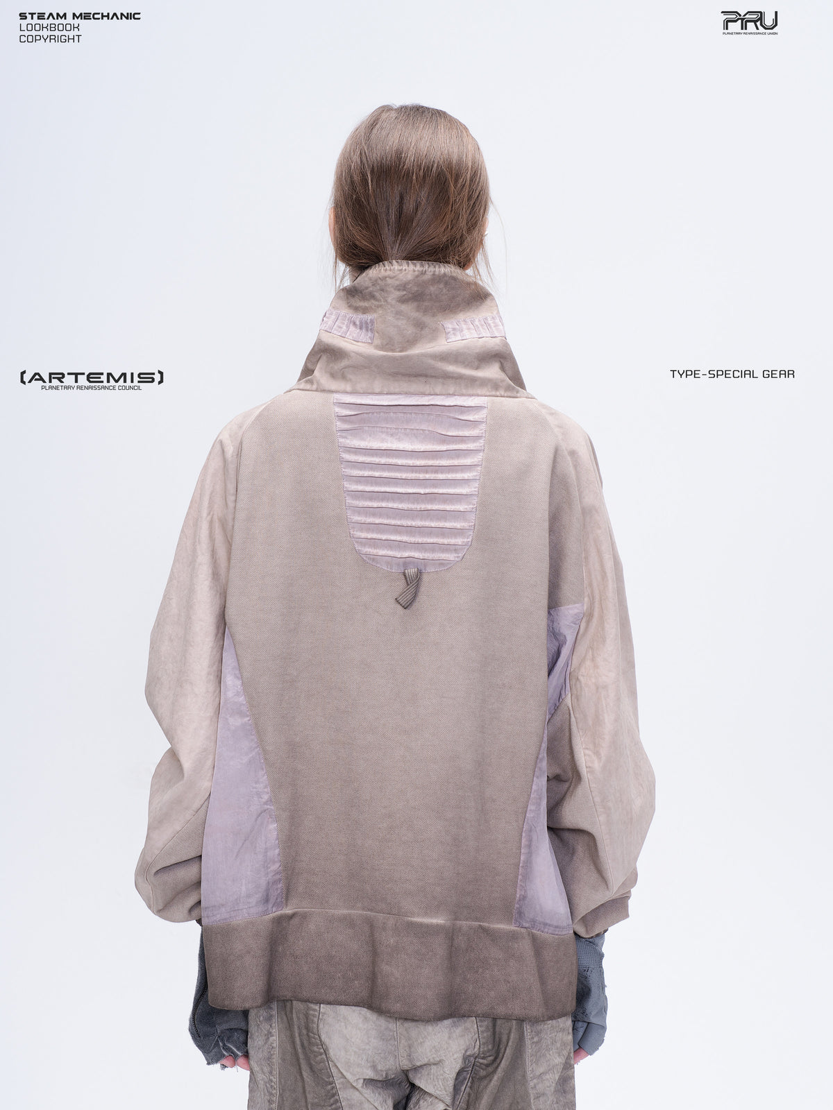 PIONEER venus orange detachable-pocket utility hoodie — rear modeled view showing the high collar, pleated back panel and contrast inserts