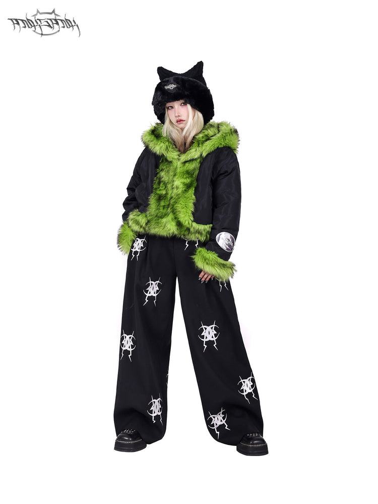 PINKSPINK NEON BEAST reversible faux-fur hooded jacket — modeled detail view of the garment construction