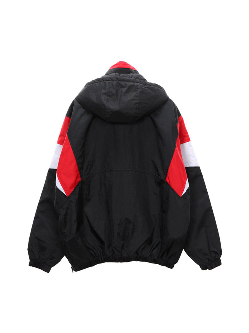 HAVE A GOOD TIME ANORAK jacket rear studio view, showing the hood and red-and-white sleeve panels