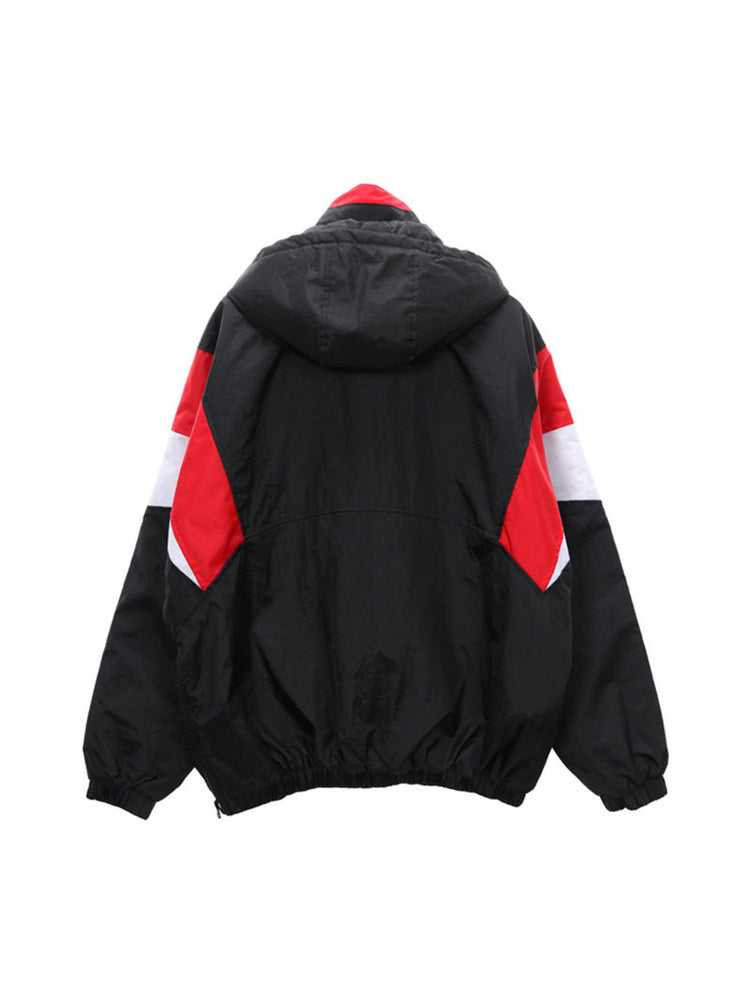HAVE A GOOD TIME ANORAK jacket rear studio view, showing the hood and red-and-white sleeve panels