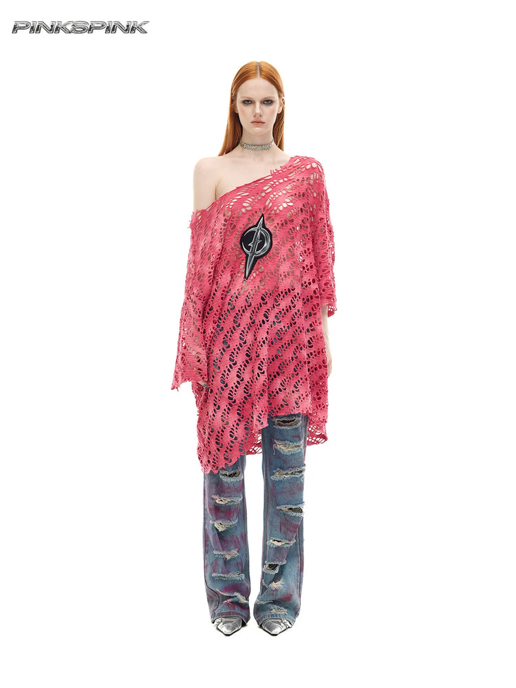 PINKSPINK ELECTRIC MOON distressed open-knit oversized tee in pink — full-length front modeled view with faded jeans and red hair