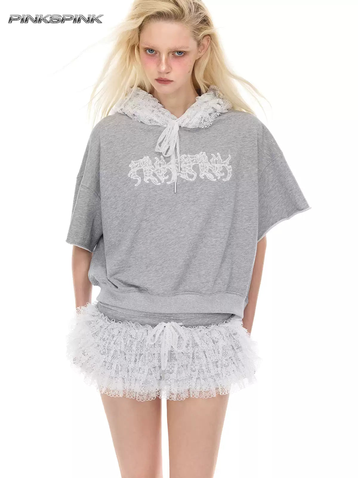 PINKSPINK PUNK BALLET lace-back hooded tee — alternate modeled view showing the silhouette