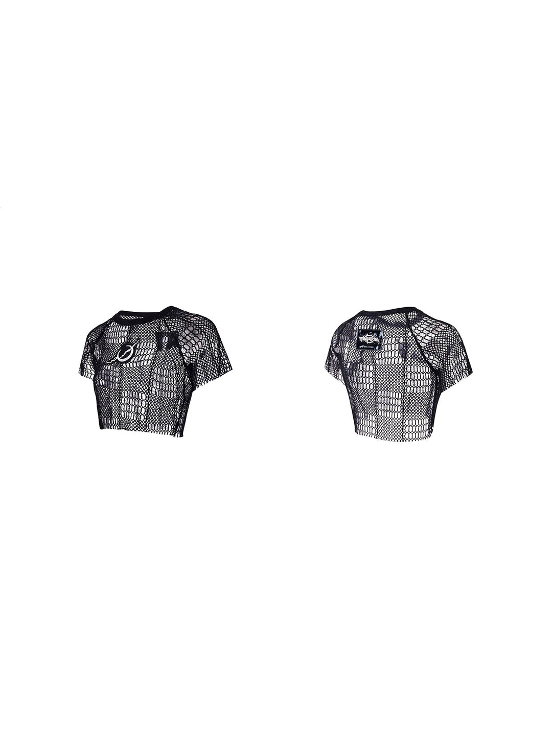 PINKSPINK GEOMETRY open-mesh crop tee in black — front and back garment-only views