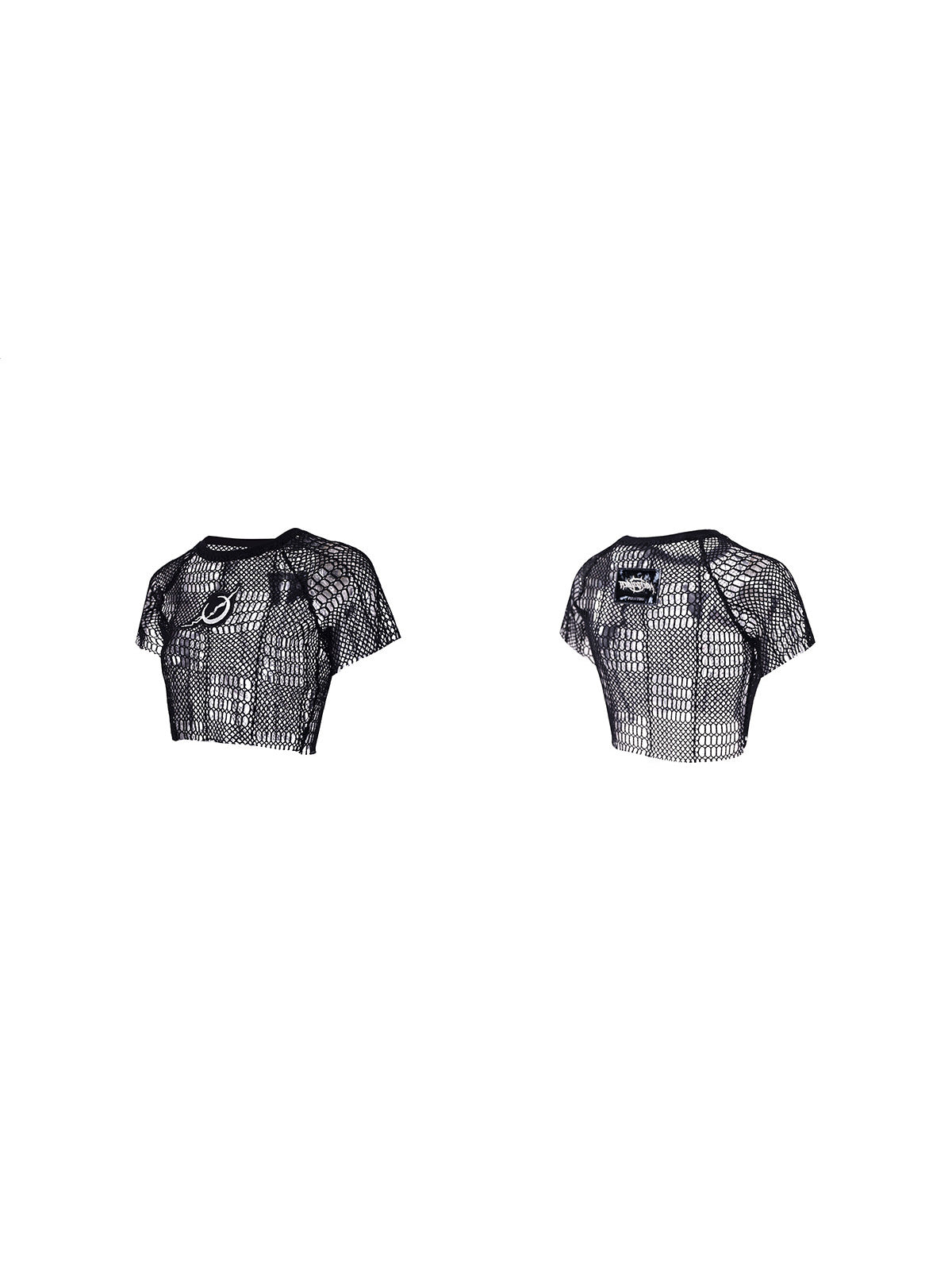 PINKSPINK GEOMETRY open-mesh crop tee in black — front and back garment-only views