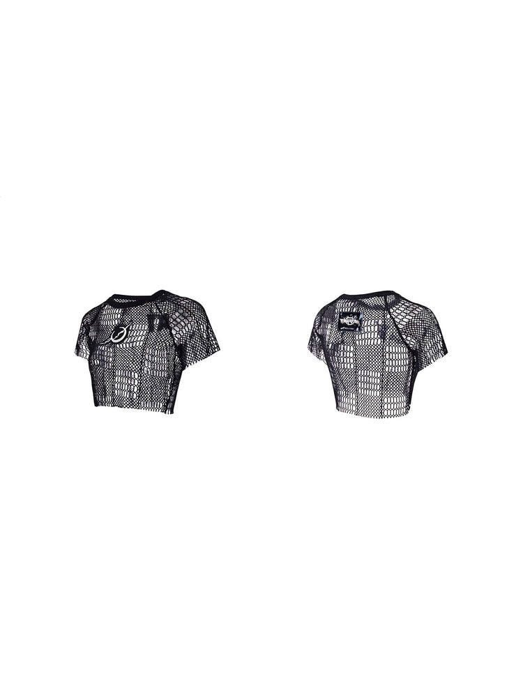 PINKSPINK GEOMETRY open-mesh crop tee in black — front and back garment-only views