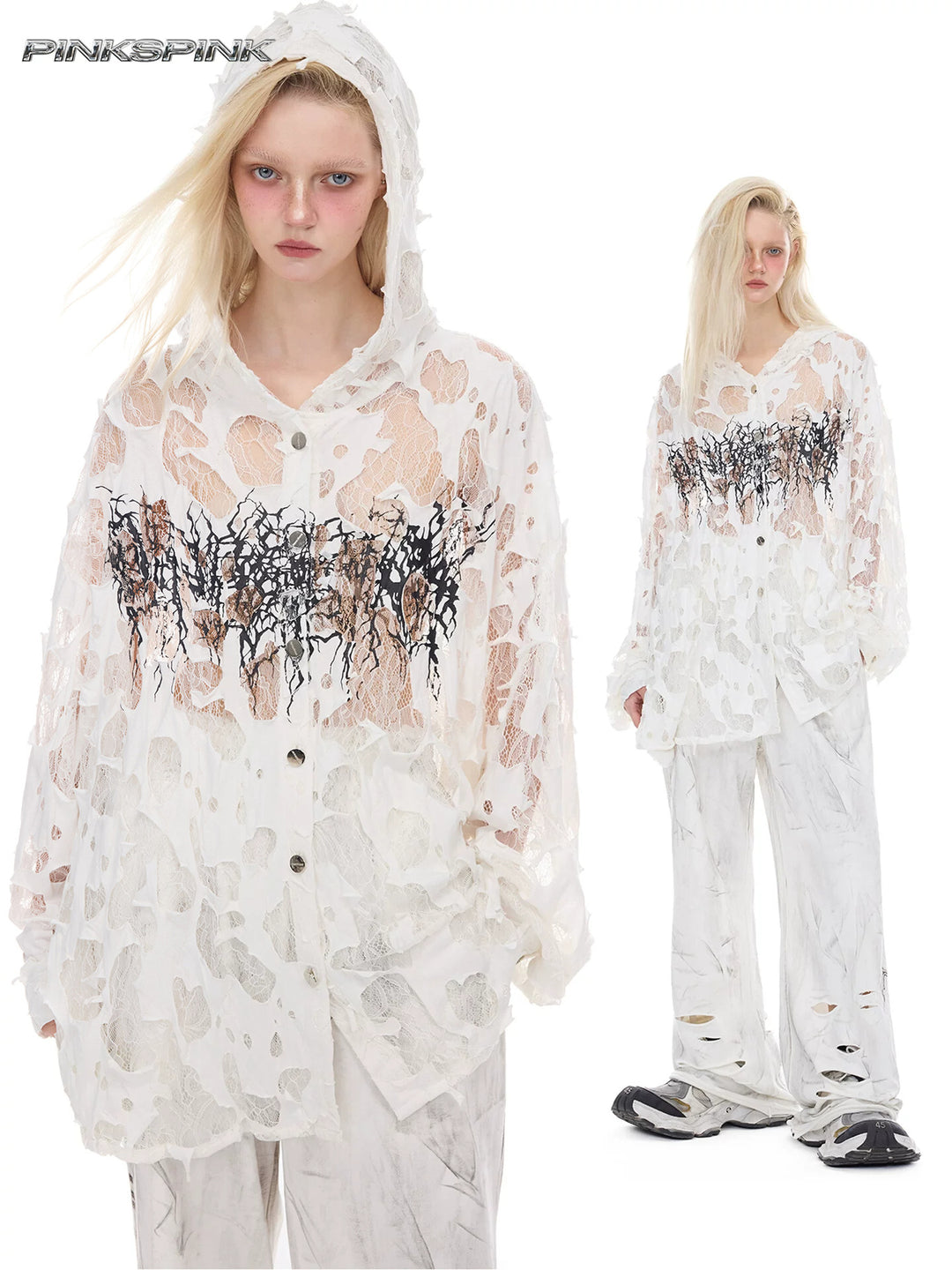 PINKSPINK THORN BURNOUT lace hooded shirt — cleaned hero collage showing the complete design