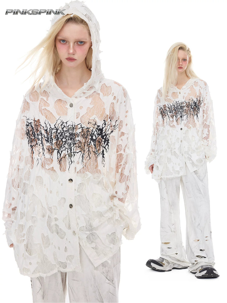 PINKSPINK THORN BURNOUT lace hooded shirt — cleaned hero collage showing the complete design