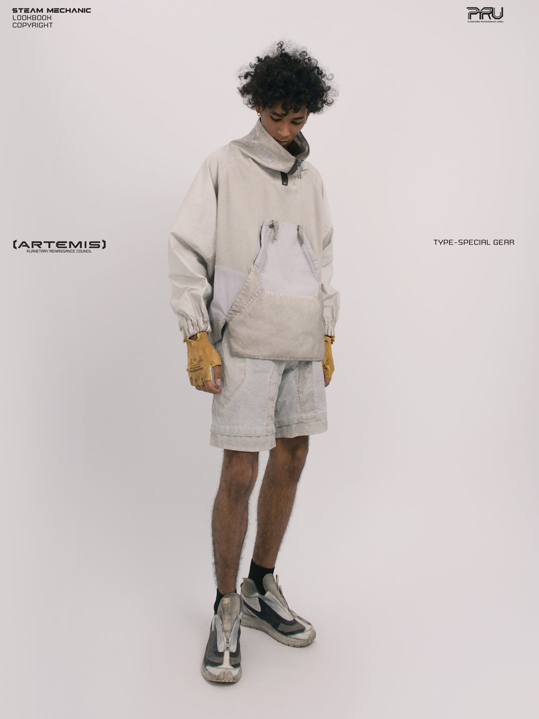 PIONEER eris white detachable-pocket utility hoodie — full-length front modeled view with hands relaxed