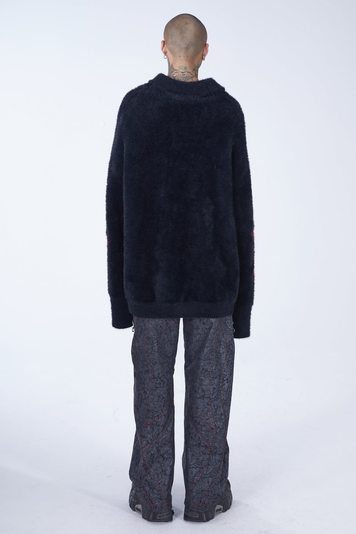 EMBRYO IMPERIAL SEAL reversible faux-mink sweater — close modeled view