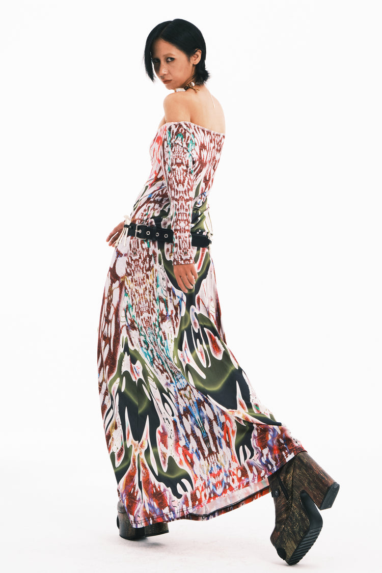 EMBRYO TRIBAL ENTITY white off-shoulder maxi dress — additional product detail view