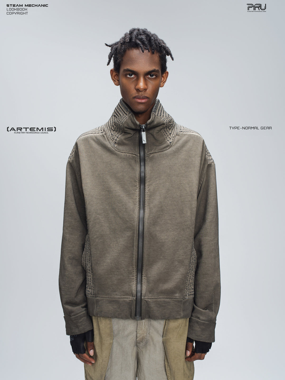 PIONEER mercury brown distressed protection zip jacket — front modeled product view
