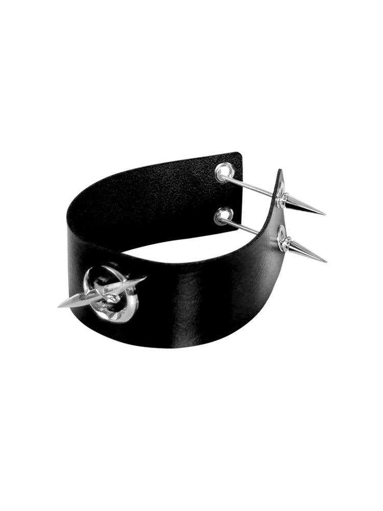 PINKSPINK ELECTRIC MOON punk leather choker — black leather choker with silver-tone spikes and eyelets, angled product-only view