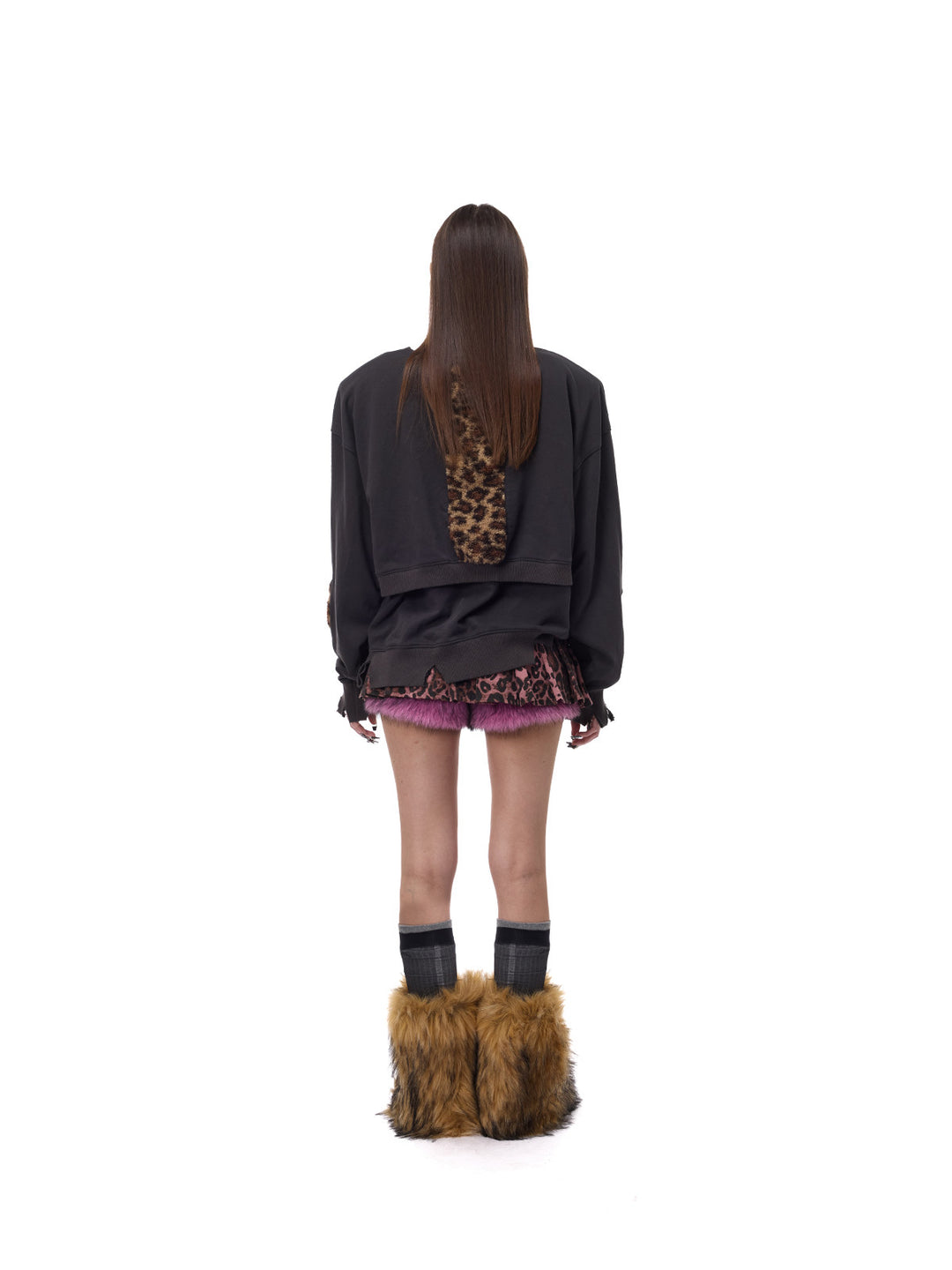 PINKSPINK LEOPARD RIOT two-way layered sweatshirt — back full-length view with mini skirt