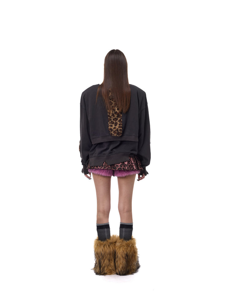 PINKSPINK LEOPARD RIOT two-way layered sweatshirt — back full-length view with mini skirt