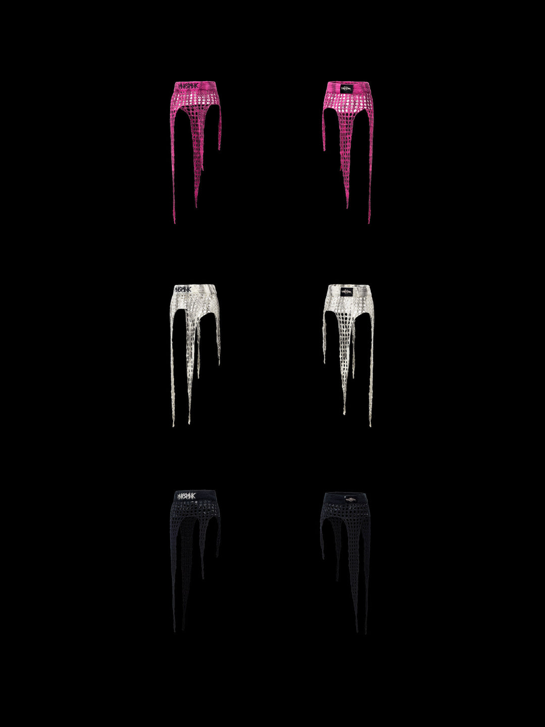 PINKSPINK THORNSTAR open-knit layering skirt in hot pink, ivory white and black — garment-only front and rear comparisons on a black background