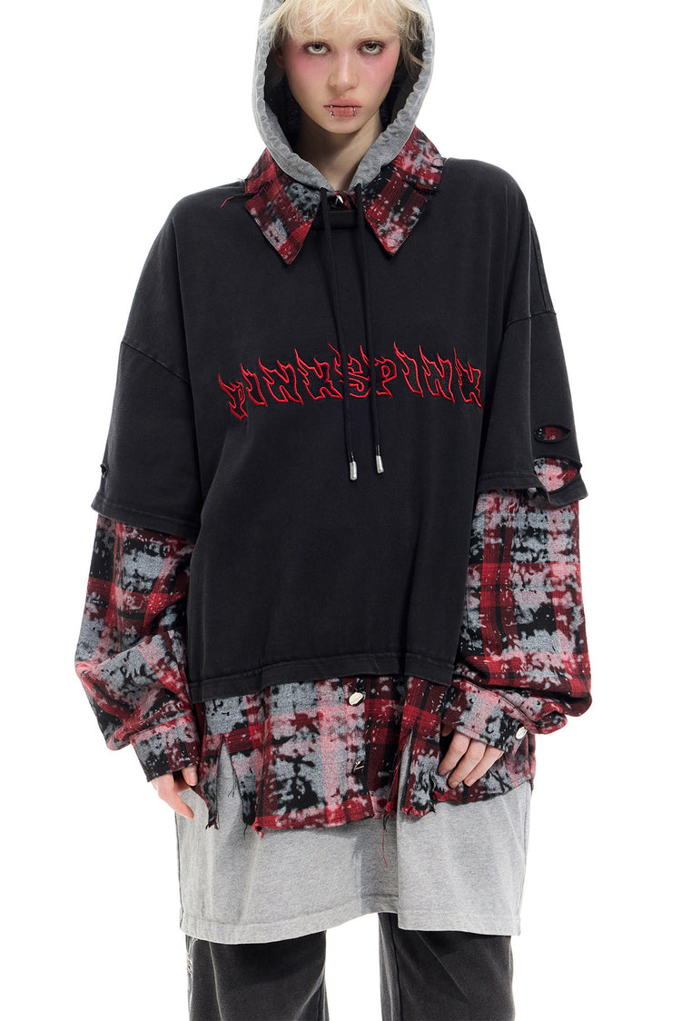 PINKSPINK REMAKE triple-layer plaid hoodie — black and red plaid hoodie — three-quarter front view with hood up
