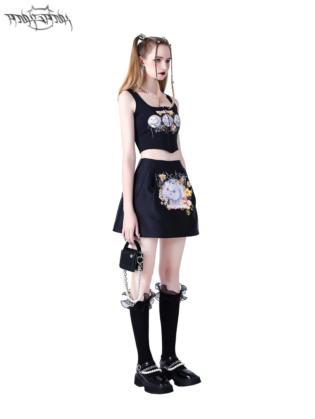 PINKSPINK GARFIELD graphic mini skirt — black side full-length view