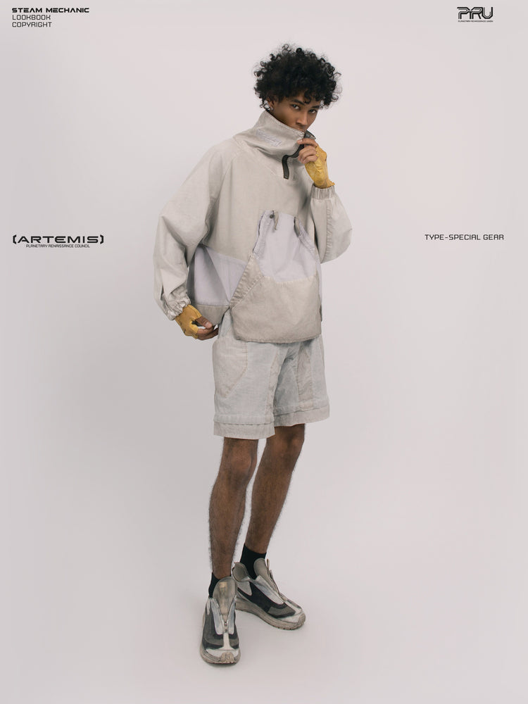 PIONEER eris white detachable-pocket utility hoodie — front modeled view holding the high collar and hem