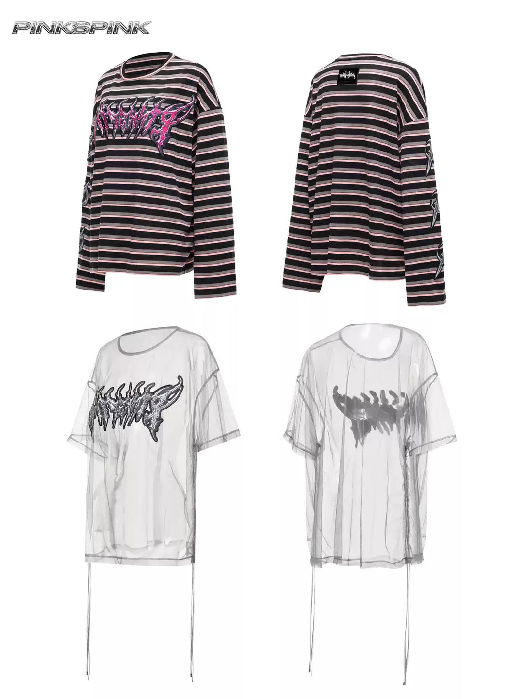 PINKSPINK ELECTRIC MOON striped mesh-overlay two-piece tee in black pink — front and back garment-only views of the two separate tees