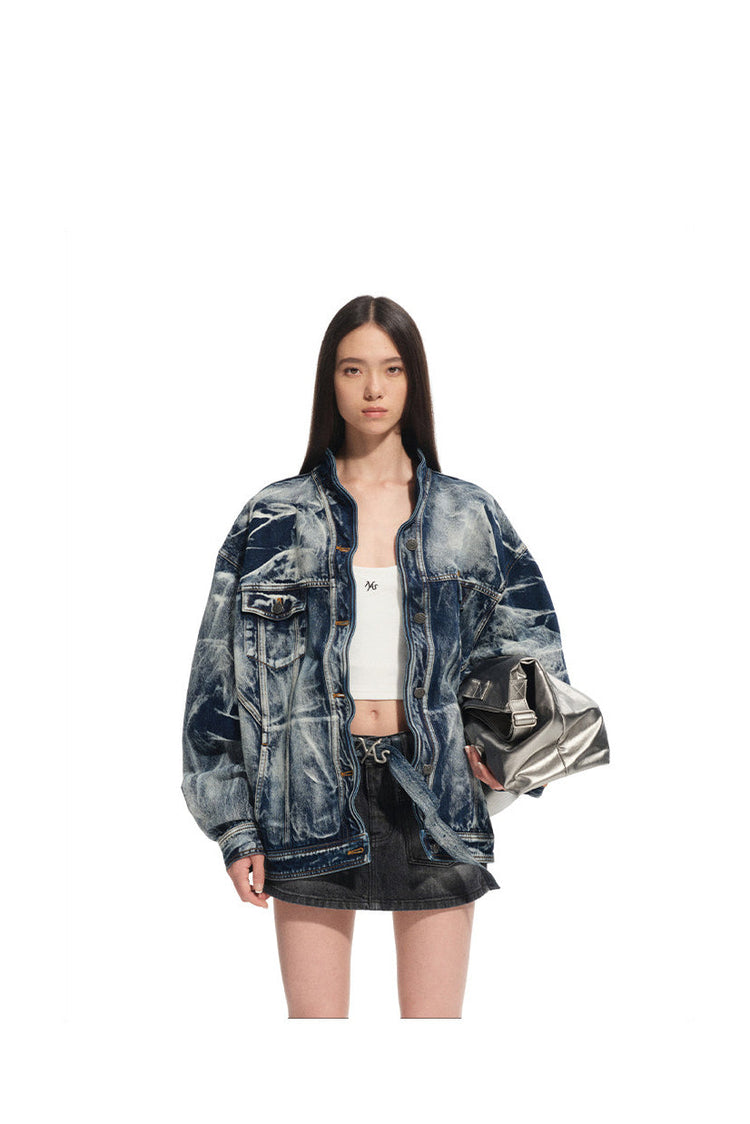 NAWS VOLCANO washed denim stand-collar jacket — alternate angle showing the shape and finish