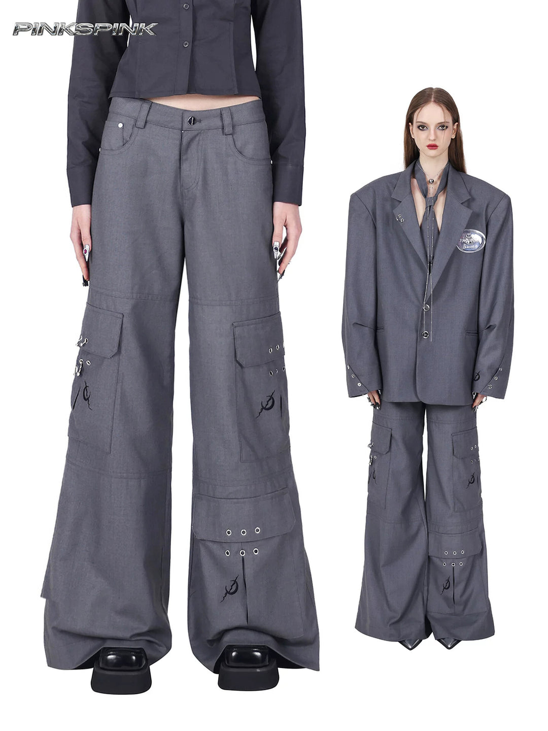 PINKSPINK ELECTRIC MOON ring-detail cargo flare trousers in gray — collage of the cargo-pocket front detail and full-length blazer styling