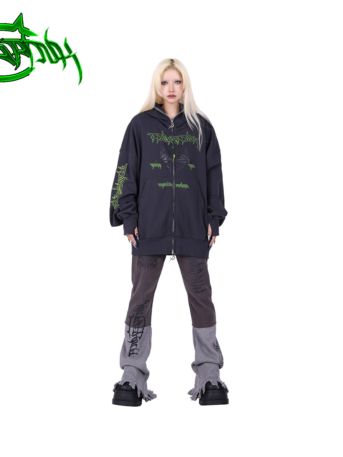 PINKSPINK DNA circle-star balaclava zip hoodie — front full-length modeled view with hood down