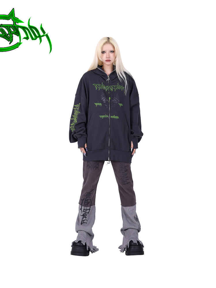PINKSPINK DNA circle-star balaclava zip hoodie — front full-length modeled view with hood down