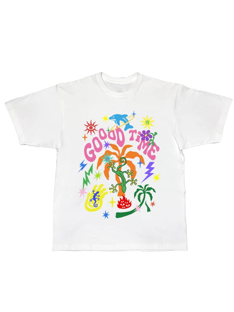 DEADENDKIDS GOOD TIMES oversized graphic tee — full-length modeled view