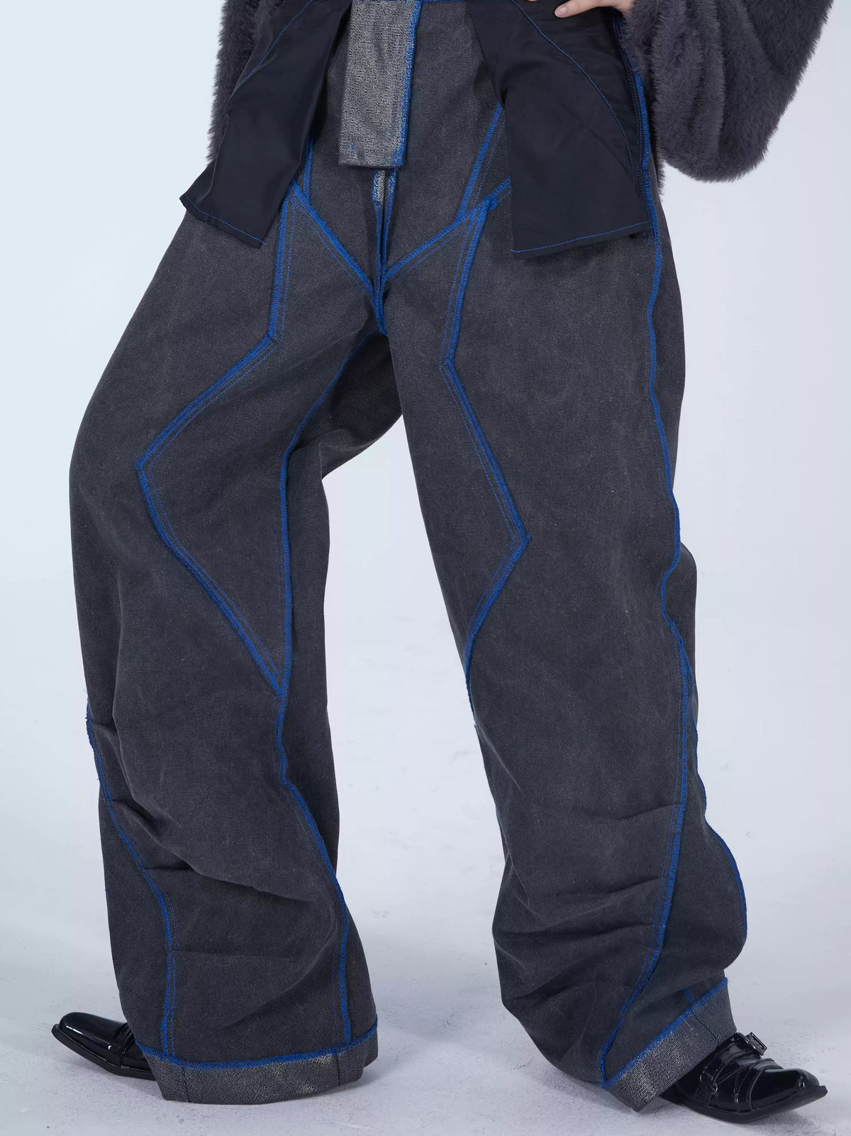 EMBRYO REVERSE CORE metallic canvas wide-leg pants — dark reverse-side back view