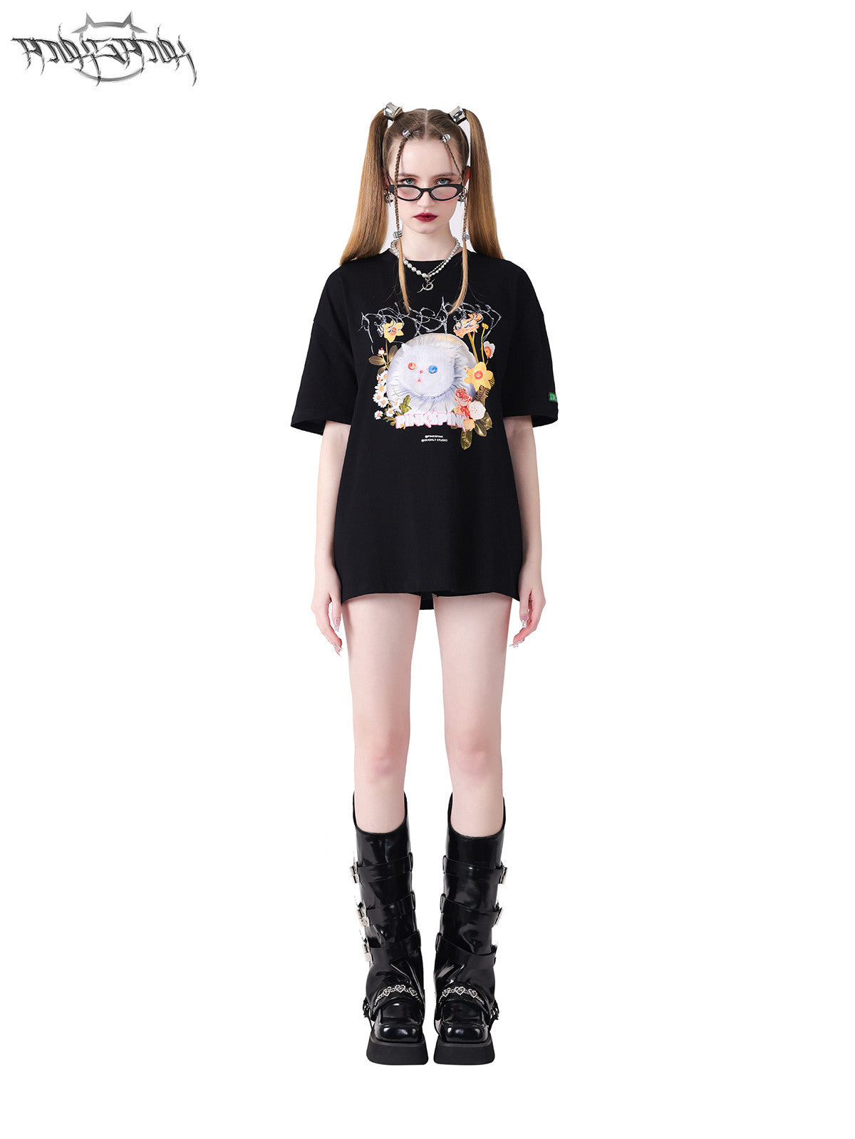 PINKSPINK GARFIELD oversized graphic tee — black full-length front modeled view showing the oversized fit