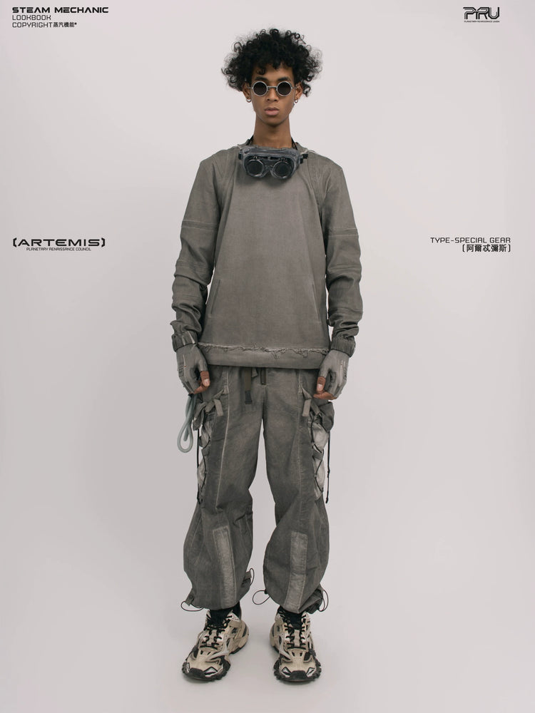 CHAOS ERA moon dust gray raw-edge long-sleeve top — front modeled product view