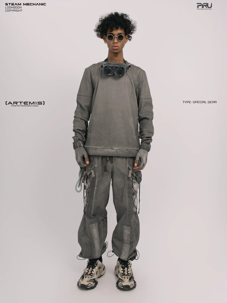 CHAOS ERA moon dust gray raw-edge long-sleeve top — full-length straight front modeled view