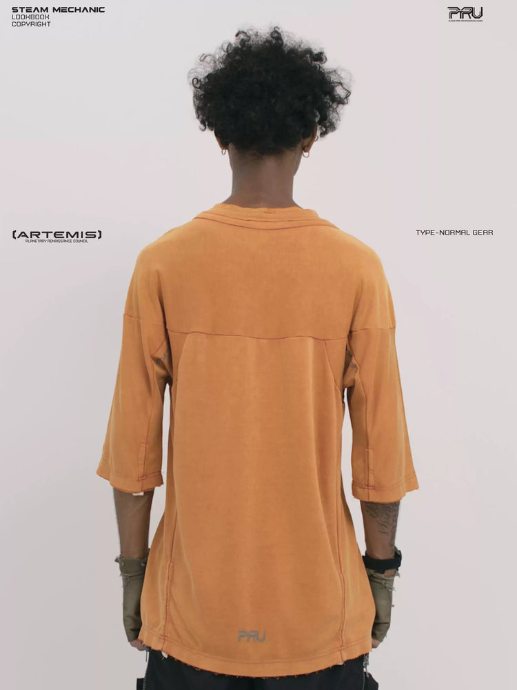 LIGHTSHADOW eclipse orange deconstructed technical tee — back three-quarter view showing shoulder seams