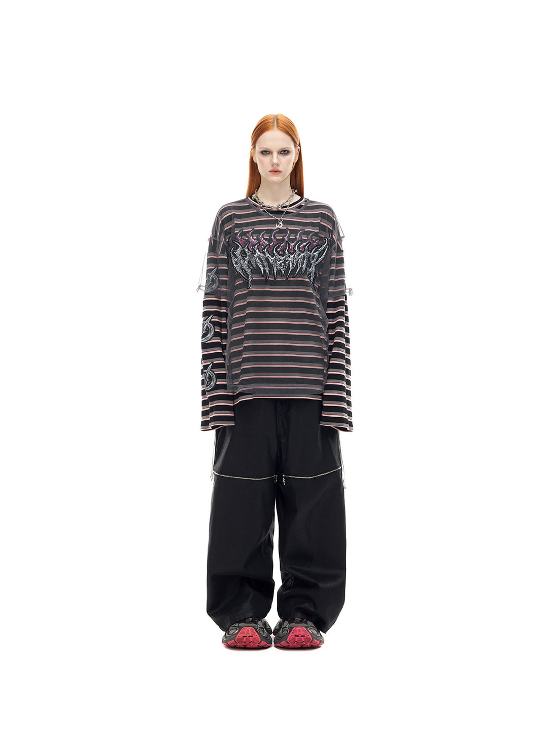 PINKSPINK ELECTRIC MOON striped mesh-overlay two-piece tee in black pink — front modeled close-up with a cat-ear hat