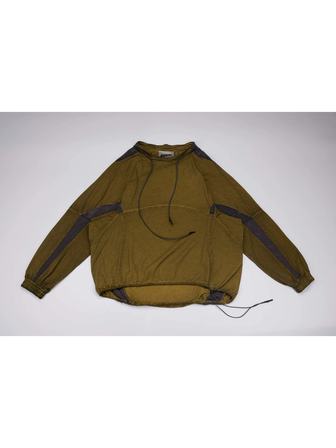 PIONEER mars yellow drawstring commuter sweatshirt — front flat-lay view showing the drawstring neckline, gathered hem and contrast sleeve panels