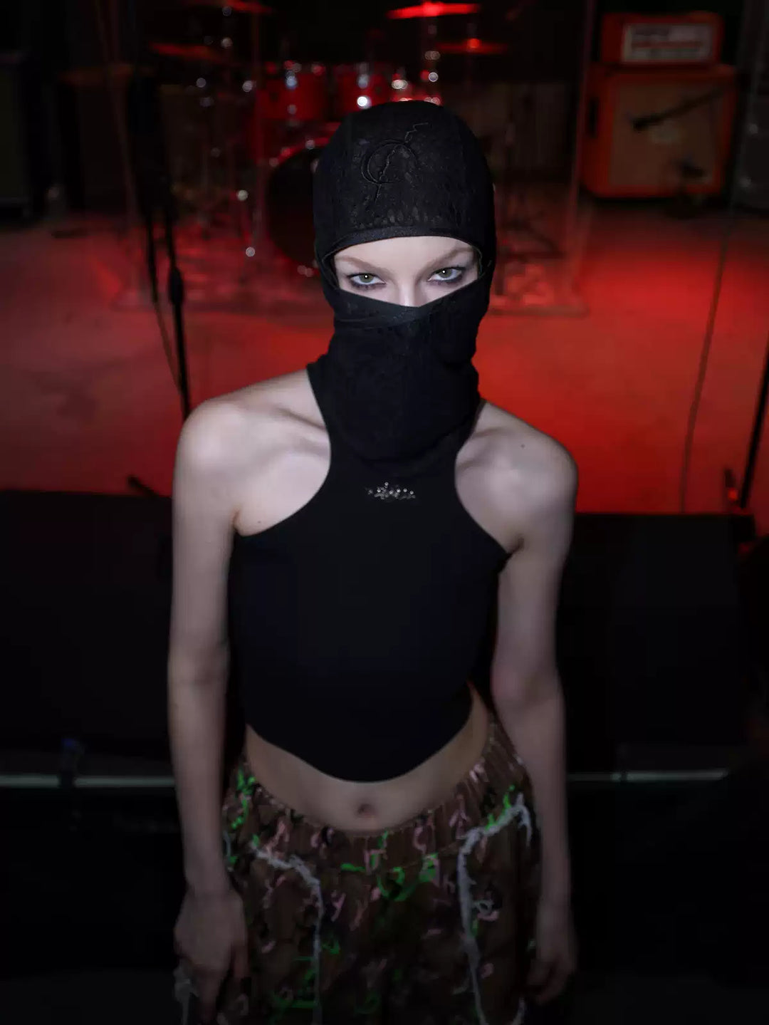 PINKSPINK ELECTRIC MOON mesh balaclava — modeled front styling view