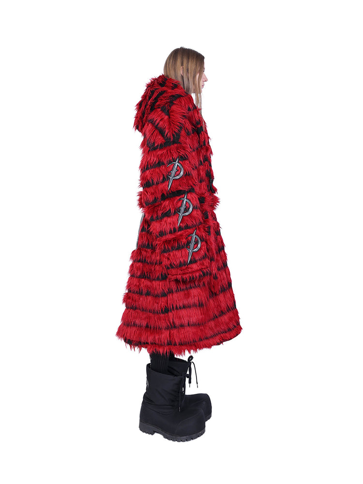 PINKSPINK ELECTRIC MOON black-red faux-fur hooded long coat — red and black full-length right-side modeled view showing sleeve hardware