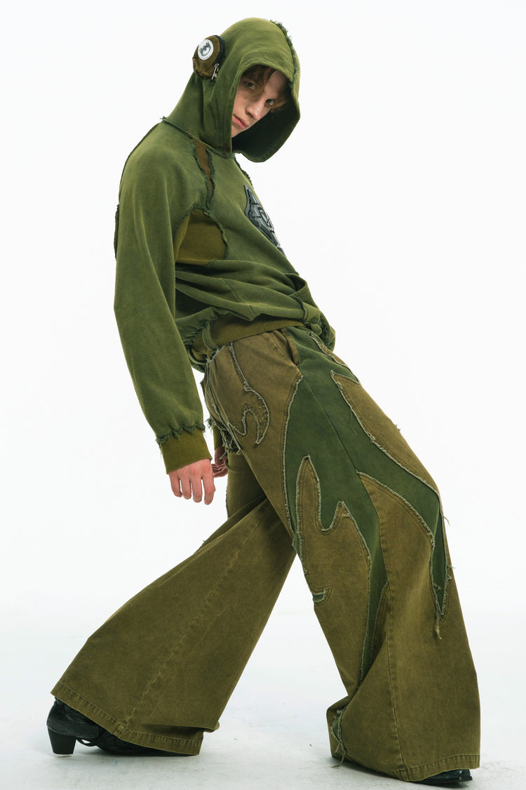 EMBRYO GREEN GUARD distressed armor hoodie — full-length modeled view