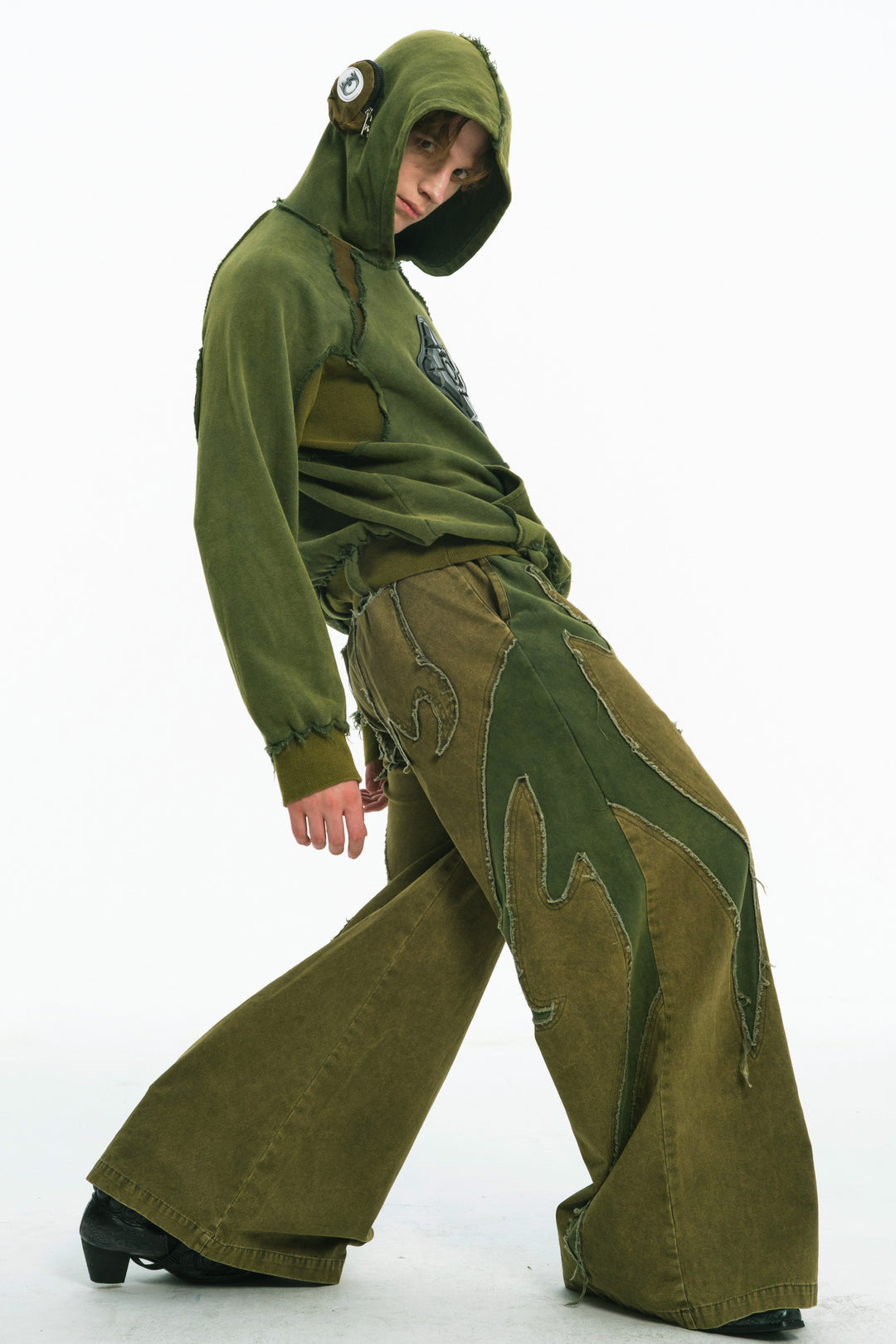 EMBRYO GREEN GUARD distressed wide-leg pants — garment-only view