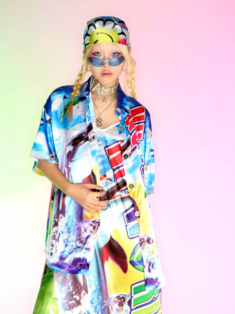 DEADENDKIDS ISLAND GRAFFITI satin-effect shirt — rear or construction presentation