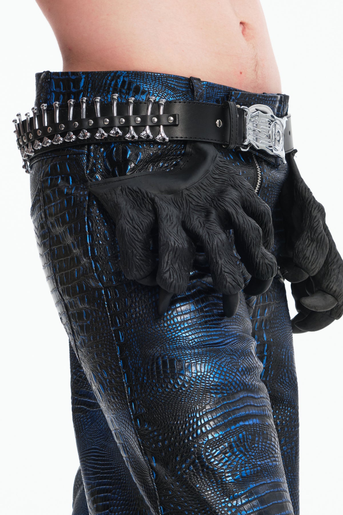 EMBRYO BONE SIGIL genuine leather belt — full-length modeled styling view