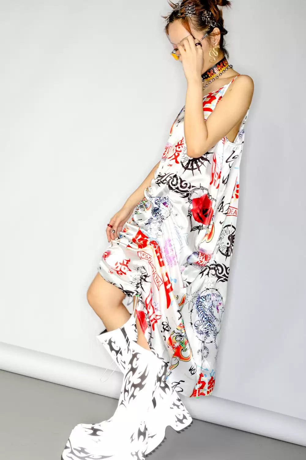 DEADENDKIDS ASIA RIOT satin slip maxi dress — side or detail presentation