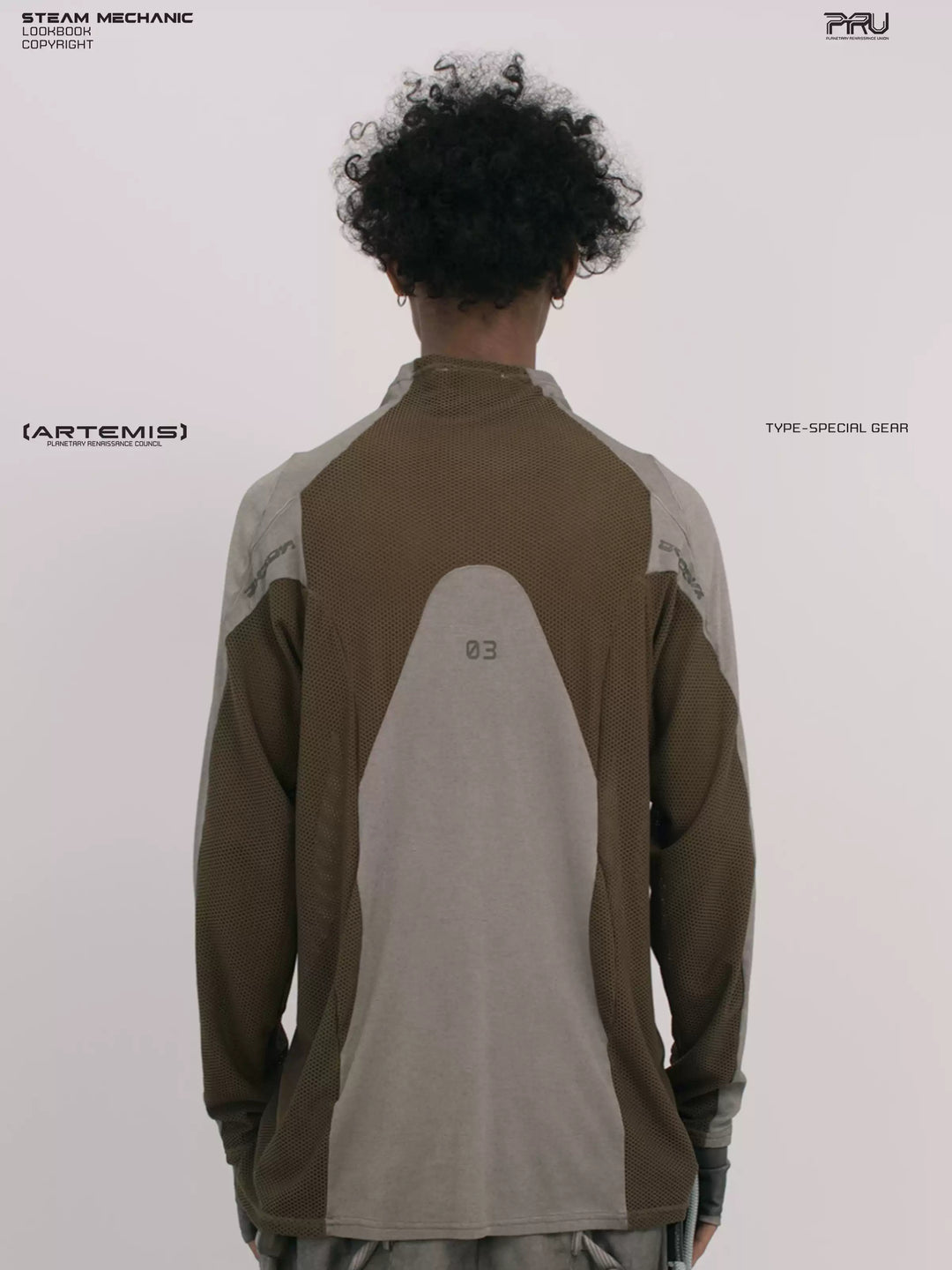 STARCORE ash tundra mesh-panel long-sleeve top b — back modeled close-up showing contrasting panels