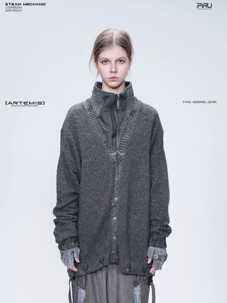 PIONEER moon dust gray moon-protection distressed sweater — front close-up showing the button front and distressed knit