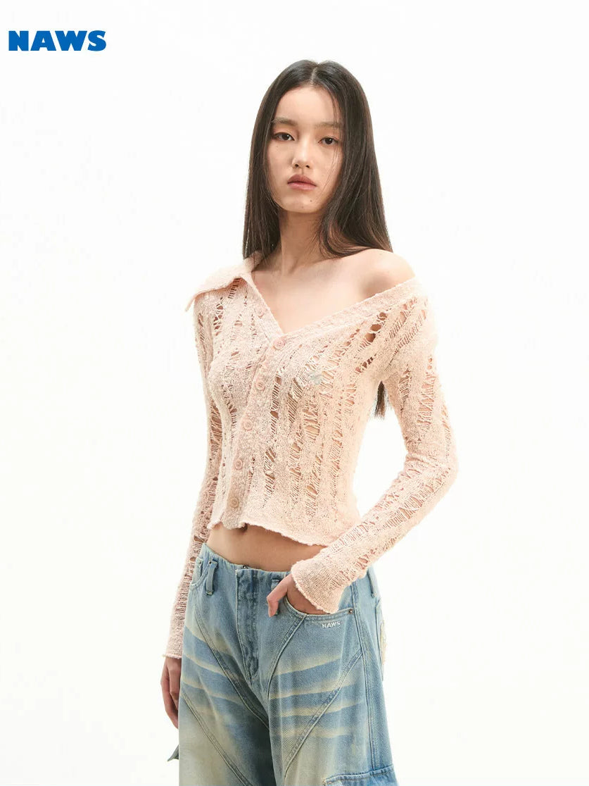 NAWS NOMAD asymmetric cutout knit cardigan — cleaned hero collage showing the complete design