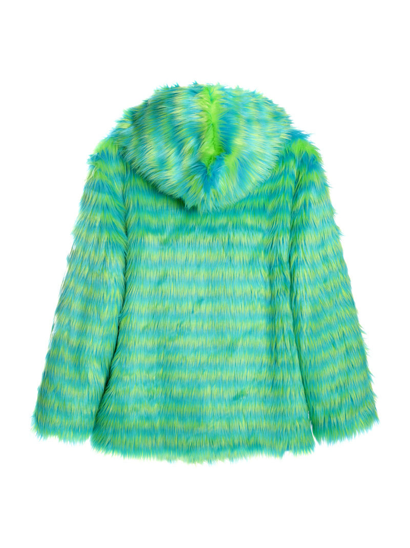 DEADENDKIDS RAVE STRIPE faux-fur hooded jacket — full-length modeled view