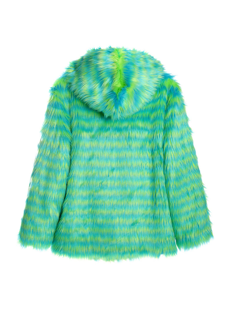 DEADENDKIDS RAVE STRIPE faux-fur hooded jacket — full-length modeled view