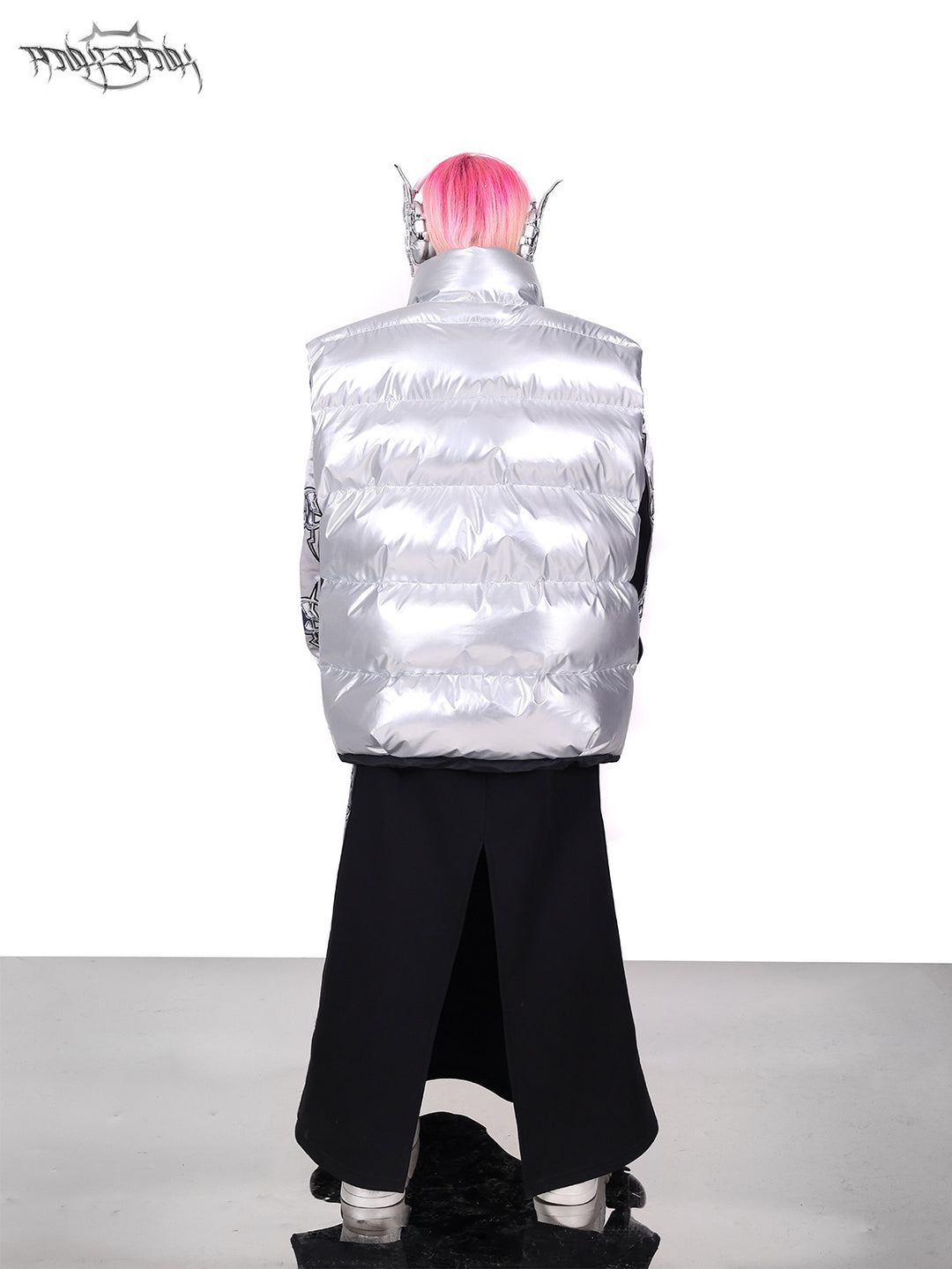 PINKSPINK ORBIT reversible padded vest in black silver — silver-side rear full-length modeled view showing the quilting